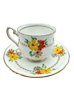 Vintage Phoenix China Floral Teacup & Saucer Set Gold Trim Made in England